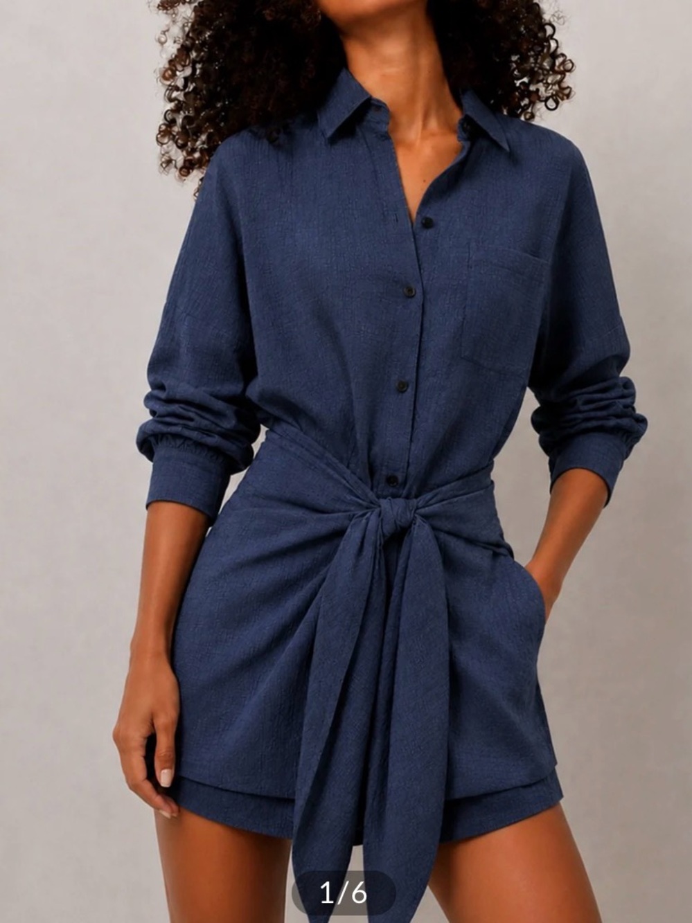 Commense Navy Blue Tie-Waist Shirt mini Dress